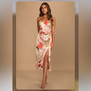 LULUS Remarkable Entrance Pink Floral Print Satin Midi Dress